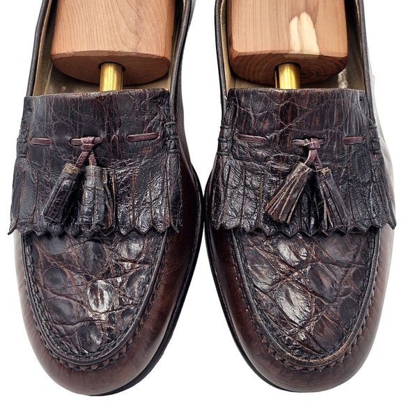 Vintage Bruno Magli Exotic Caiman Crocodile 9.5 Italy Dress Shoes Tassel Loafers - Picture 2 of 13